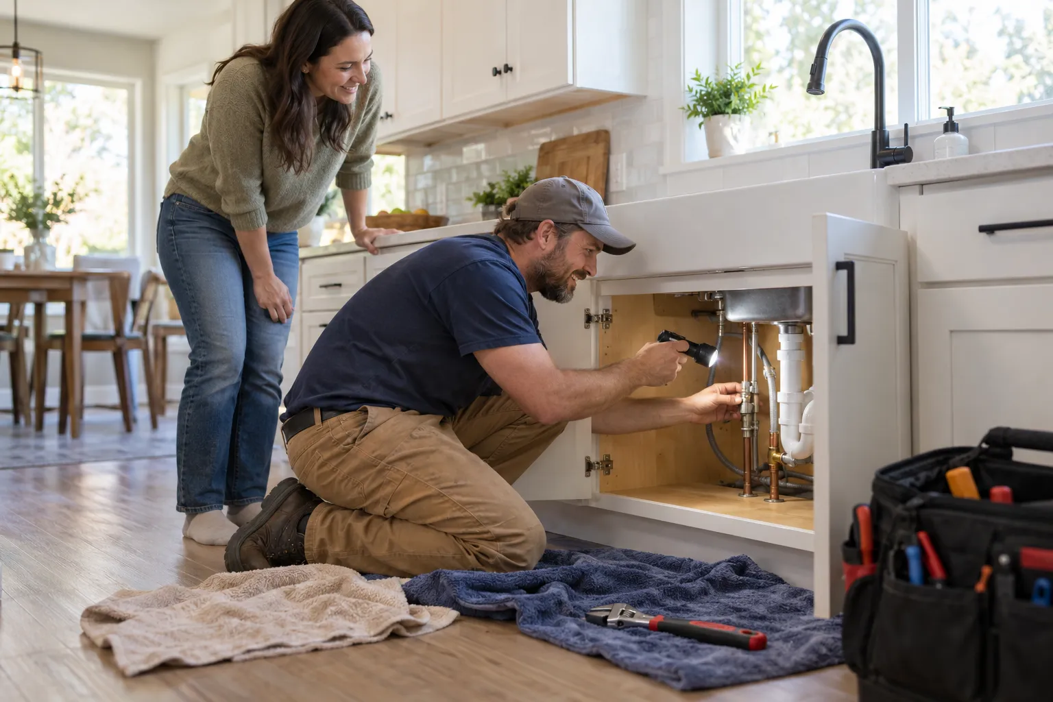 Friendly plumber examining an under-sink pipe in a Eagle Mountain home while a homeowner looks on