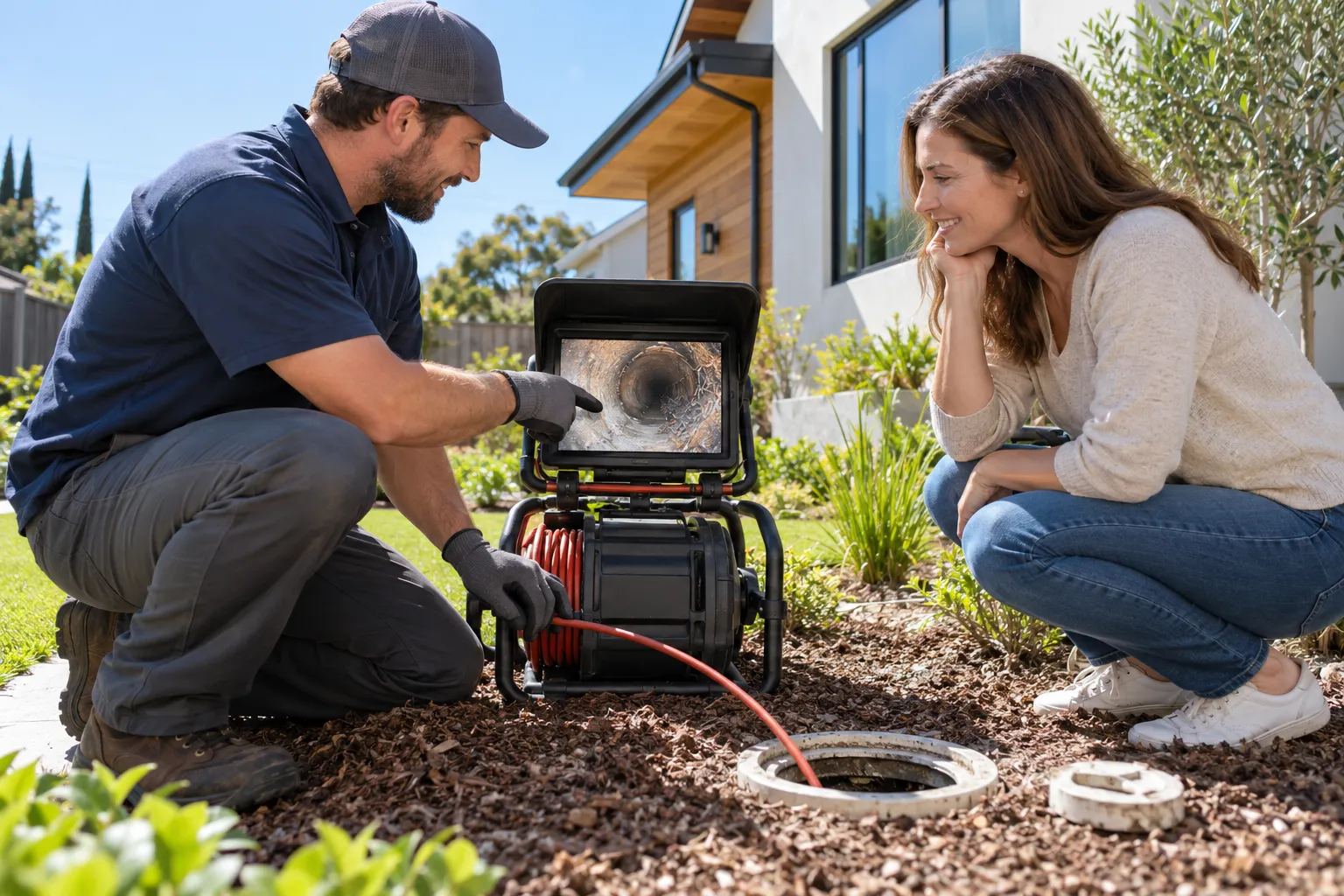 Plumbing provider reviewing a sewer camera inspection on a monitor with a homeowner in a yard in Eagle Mountain